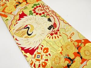 アンティーク　鶴に檜扇・枝梅・菊模様織出し丸帯（着用可）